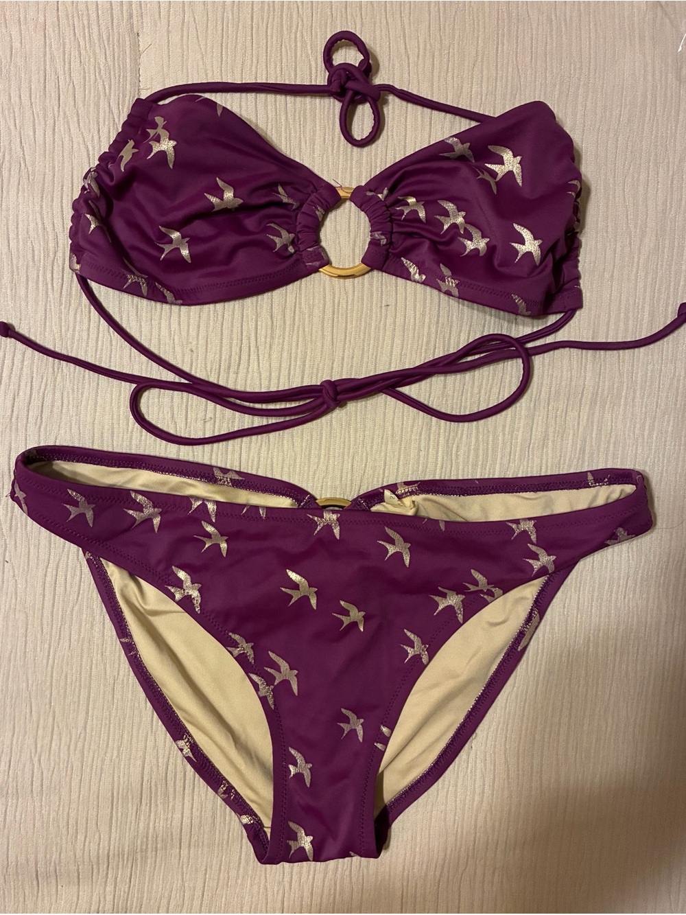 Victoria’s Secret Purple Gold Bird Print Bikini Set | Gold Ring Hardware | Sz. M